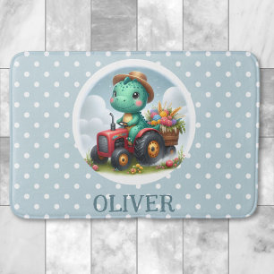 Cute Trex Dinosaur Driving a Red Tractor Bath Mat