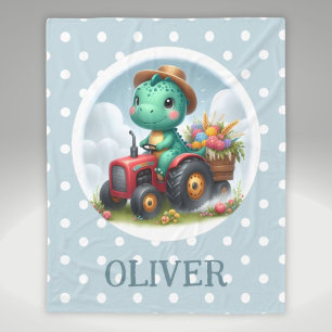 Cute Trex Dinosaur Driving a Red Tractor Fleece Blanket