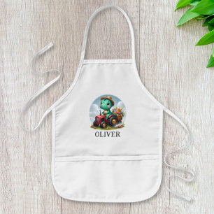 Cute Trex Dinosaur Driving a Red Tractor Kids Apron