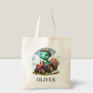 Cute Trex Dinosaur Driving a Red Tractor Tote Bag