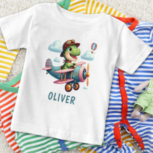 Cute Trex Dinosaur Flying a Charming Airplane Baby T-Shirt