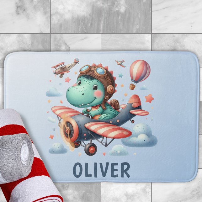 Cute Trex Dinosaur Flying a Charming Airplane Bath Mat (Creator Uploaded)