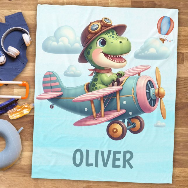 Cute Trex Dinosaur Flying a Charming Airplane Fleece Blanket (Creator Uploaded)