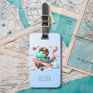 Cute Trex Dinosaur Flying a Charming Airplane Luggage Tag