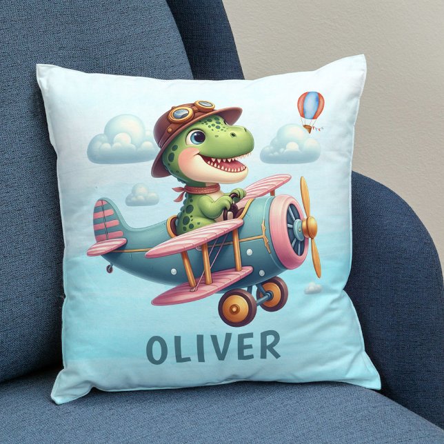 Cute Trex Dinosaur Flying a Charming Airplane Throw Pillow (Creator Uploaded)