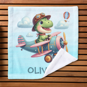 Cute Trex Dinosaur Flying a Charming Airplane Wash Cloth