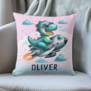 Cute Trex Dinosaur Flying Aircraft Throw Pillow
