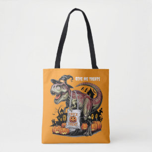 cute trex wearing witches hat personalized white tote bag