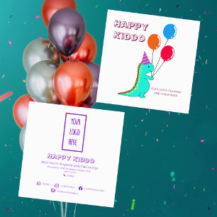 Cute Trex with Balloons Kid's Party Planner  Square Business Card