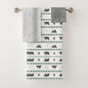 Cute Tribal Bear Green and Grey Bath Towel Set