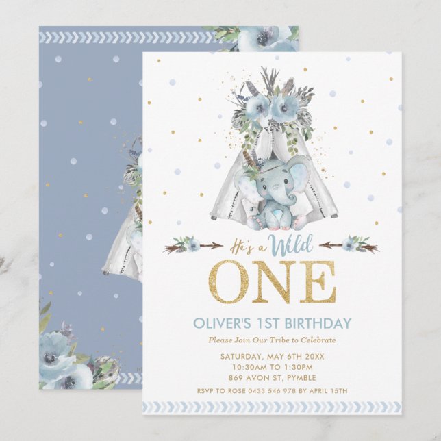 Cute Tribal Elephant Boy Wild One 1st Birthday Invitation (Front/Back)