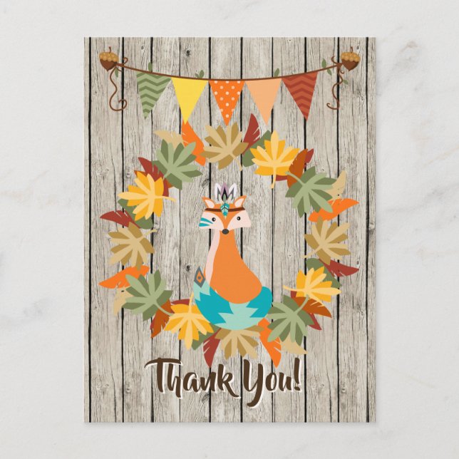 Cute Tribal Fox, Wreath of Leaves Autumn Thank You Postcard (Front)