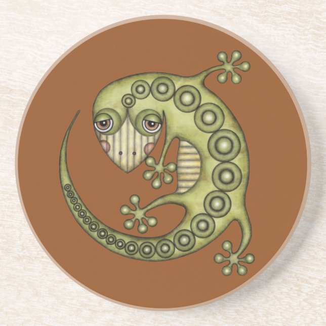 Cute Tribal Green Gecko Coaster (Front)
