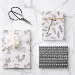 Cute Tribal Woodland Animals and feathers on white Wrapping Paper Sheet