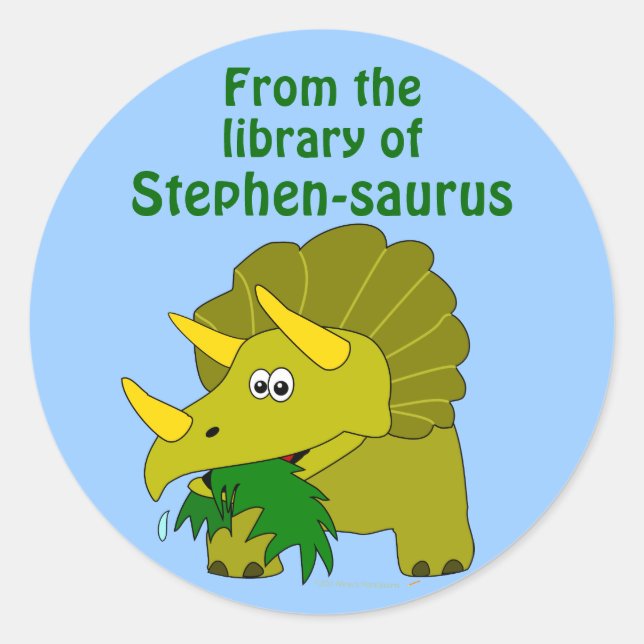 Cute Triceratops Dinosaur Personalized Bookplate Classic Round Sticker (Front)