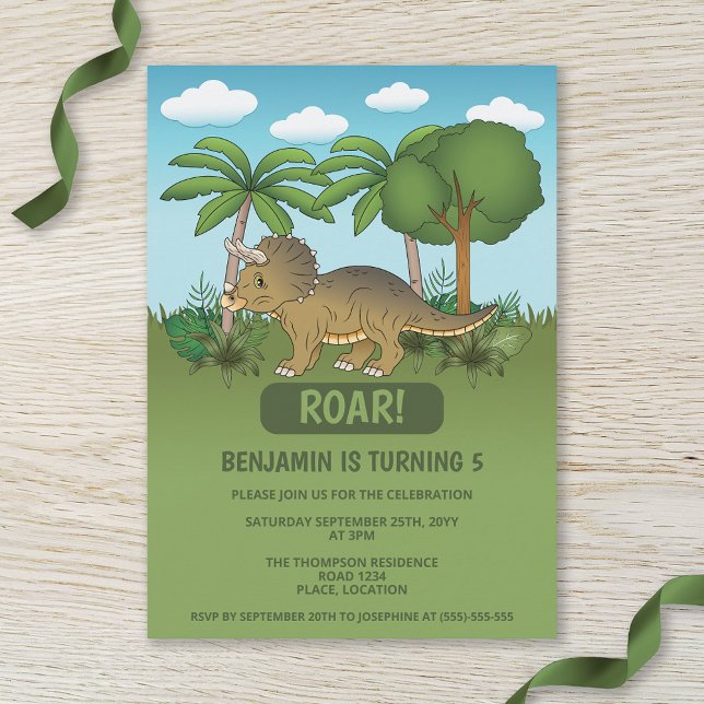 Cute Triceratops Dinosaur Tropical Kid's Birthday Invitation (Creator Uploaded)