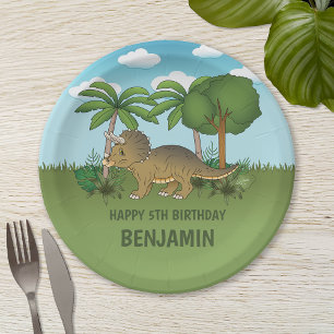 Cute Triceratops Dinosaur Tropical Kid's Birthday Paper Plate