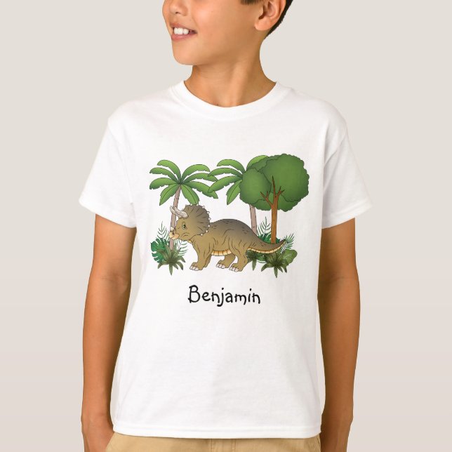 Cute Triceratops Dinosaur With Trees And Plants T-Shirt (Front)
