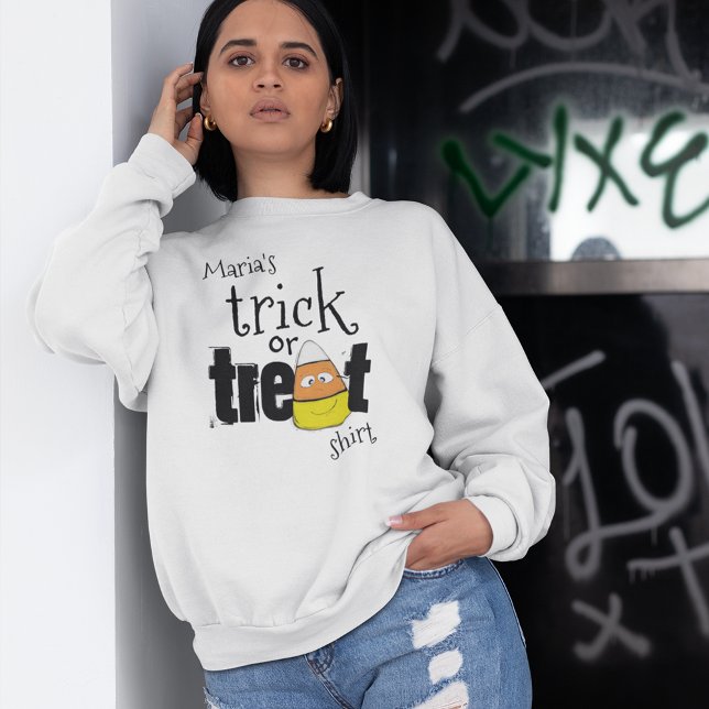 Cute Trick or Treat Candy Personalized Sweatshirt (Halloween Cute Whimsical Trick or Treat Candy Corn Custom Sweatshirt)