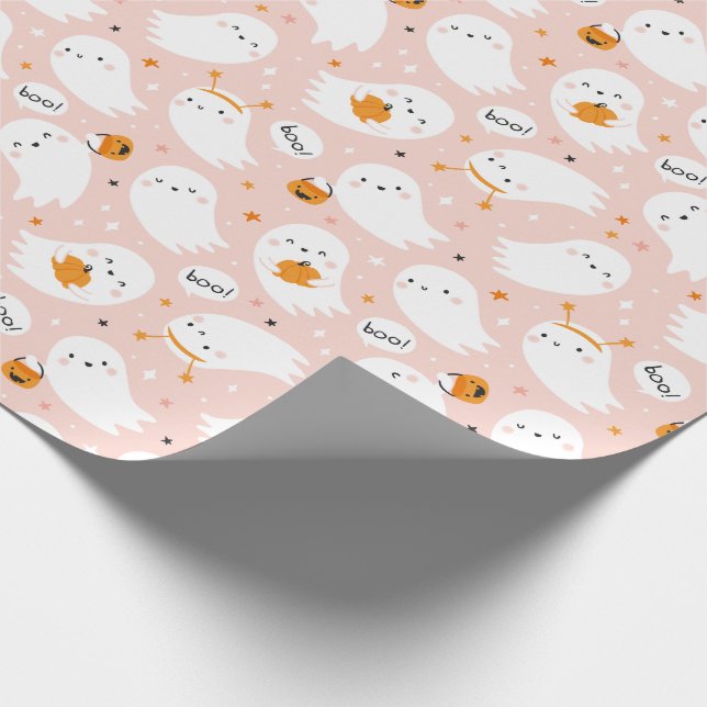 Cute Trick or Treat Ghosts with pumpkins on pink Wrapping Paper (Corner)