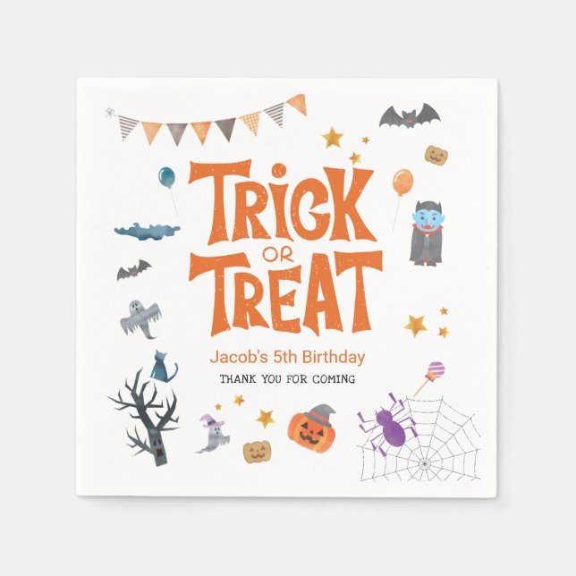 Cute Trick or Treat Halloween 5th Birthday Party Napkin (Front)