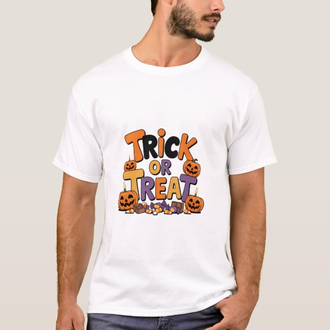 Cute Trick or Treat T-Shirt with Candy and Pumpkin (Front)
