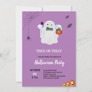 Cute trick treat ghost pumpkin purple halloween  invitation