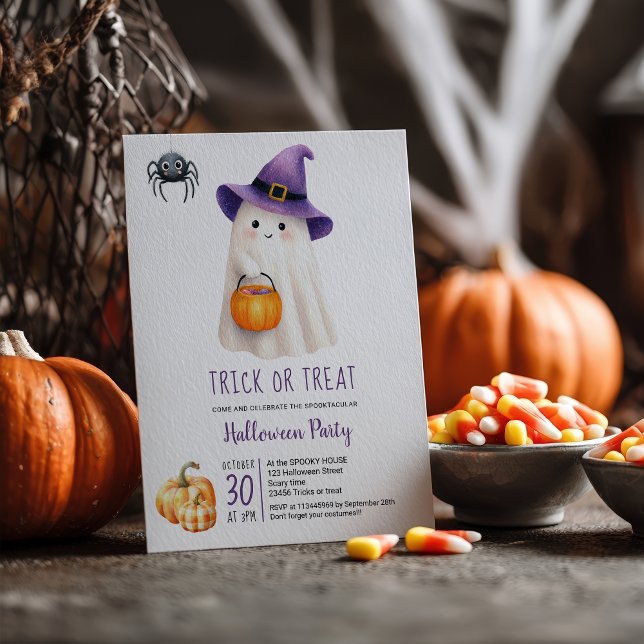 Cute trick treat Ghost Whimsi Kids Halloween party Invitation (Cute trick treat Ghost Whimsi Kids Halloween party Invitation)