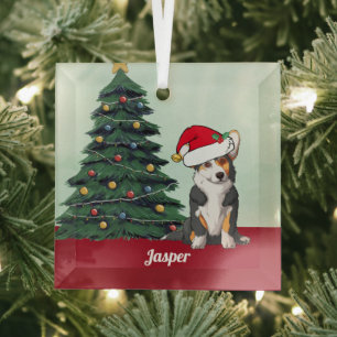 Cute Tricolor Corgi with Tail Custom Christmas Glass Ornament
