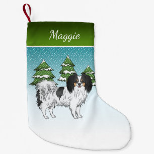 Cute Tricolor Phalène Happy Dog Blue Winter Forest Small Christmas Stocking