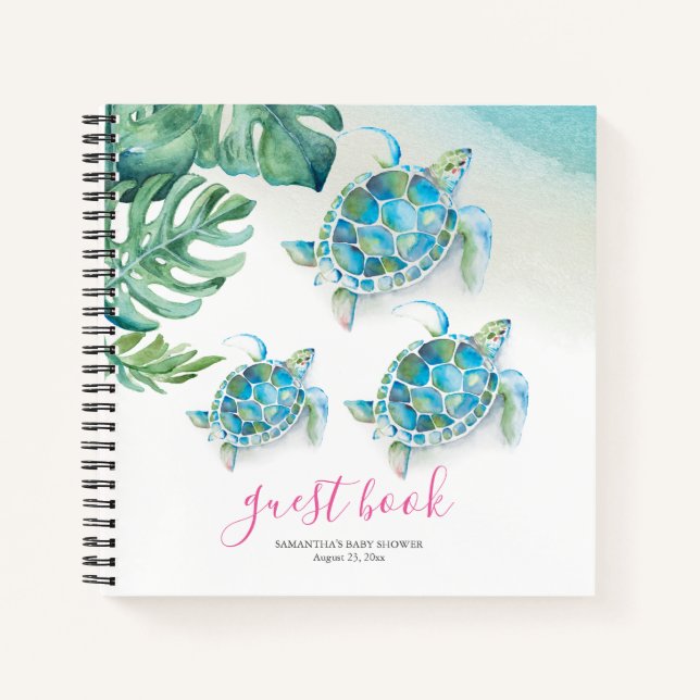 Cute Tropical Baby Shower Guest Book Sea Turtle (Front)