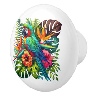 Cute tropical beach house parrots ceramic knob