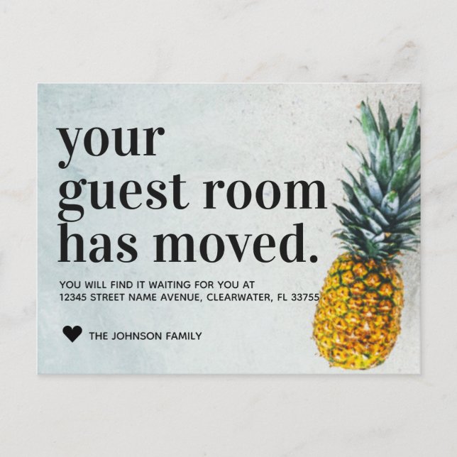 Cute Tropical Beach Pineapple Guest Room Moving Announcement Postcard (Front)