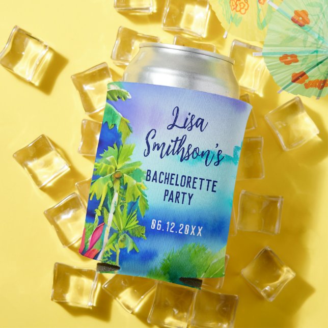 Cute Tropical Beach Watercolor Custom Bachelorette Can Cooler (In Situ Summer)