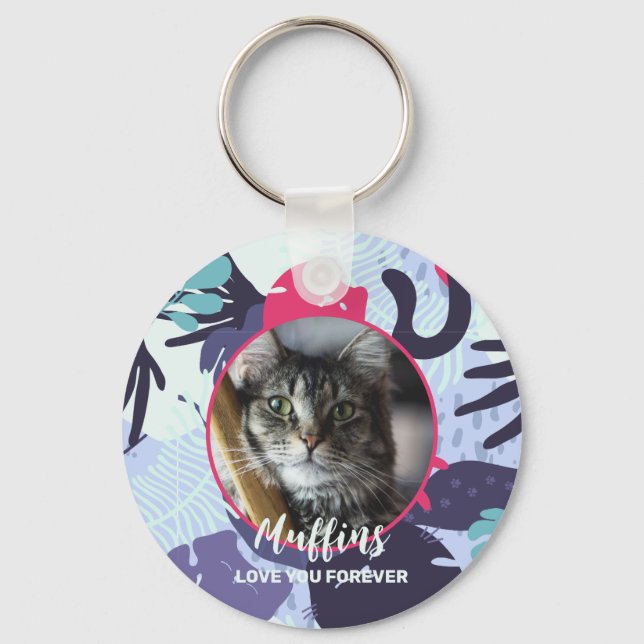 Cute tropical cat pattern, custom pet photo gift keychain (Front)