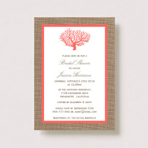Cute Tropical Coral Beach Burlap Bridal Shower Invitation