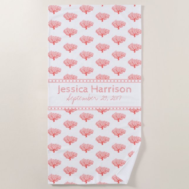 Cute Tropical Coral Custom Beach Towel (Front)