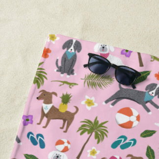 Cute Tropical Dog Pattern | Monogram | Pink Beach Towel