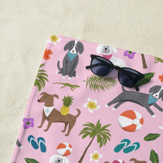 Cute Tropical Dog Pattern | Monogram | Pink Beach Towel (In Situ)