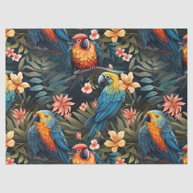 Cute Tropical Floral Jungle Birds Decoupage  Tissue Paper (Front)