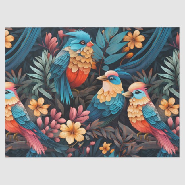 Cute Tropical Floral Jungle Birds Decoupage  Tissue Paper (Front)