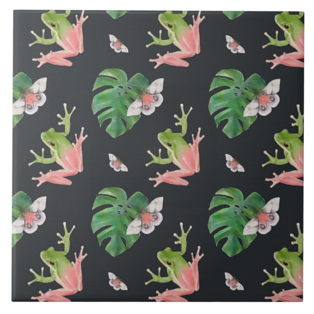 Cute Tropical Frog and Butterfly Pattern Tile (Front)