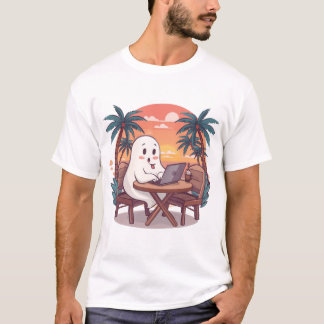 Cute Tropical Ghost Digital Nomad Halloween Design T-Shirt