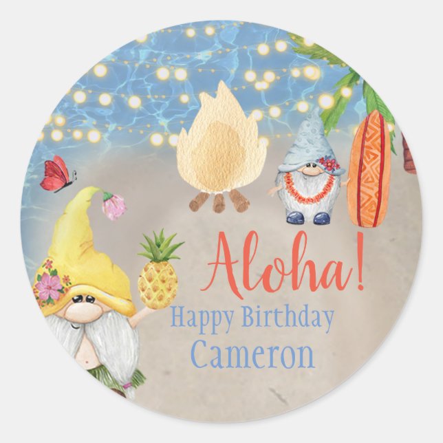 Cute Tropical Gnomes on the Beach Luau Party Classic Round Sticker (Front)