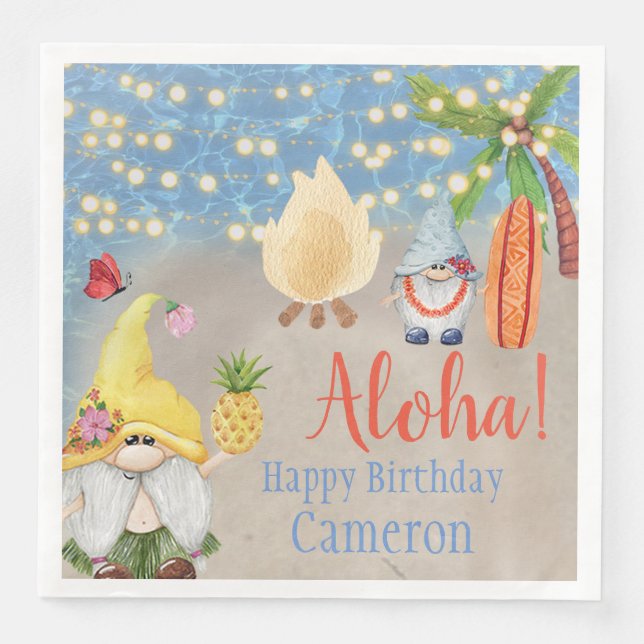 Cute Tropical Gnomes on the Beach Luau Party Napkin (Front)