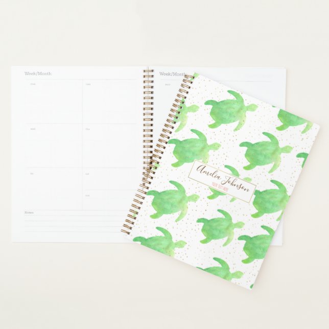 Cute Tropical Green Watercolor Turtles Pattern Planner (Display)