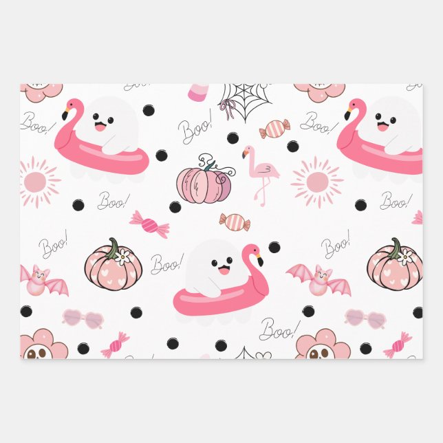 Cute Tropical Halloween - Pink Ghosts & Flamingos Wrapping Paper Sheet (Front)