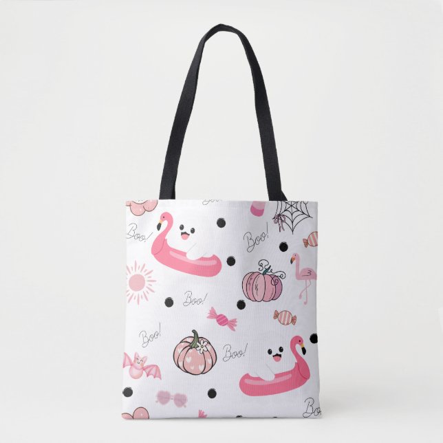 Cute Tropical Halloween Tote – Ghosts & Flamingos (Front)
