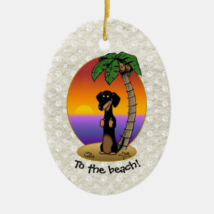 Cute Tropical Island Beach Dachshund (black & tan) Ceramic Ornament