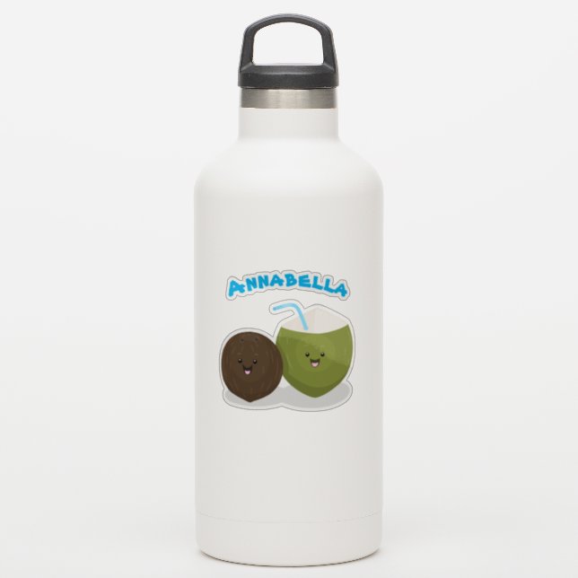 Cute tropical kawaii coconuts cartoon illustration (Waterbottle)